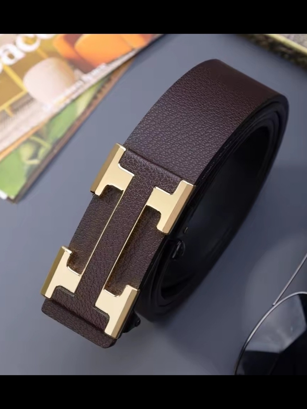 Women's Brown Leather Belt with Gold H-Style Buckle
